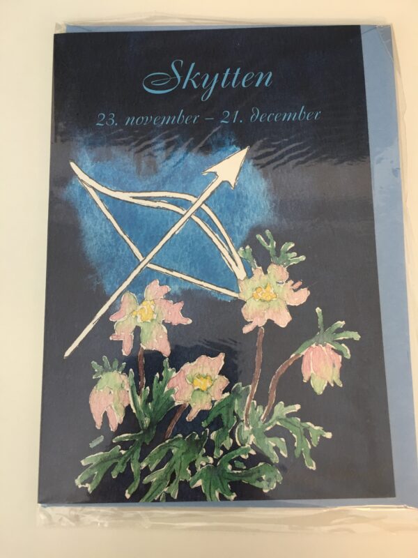 Fødselsdagskort med stjernetegnet Skytten og blå kuvert – 11,5 x 17 cm