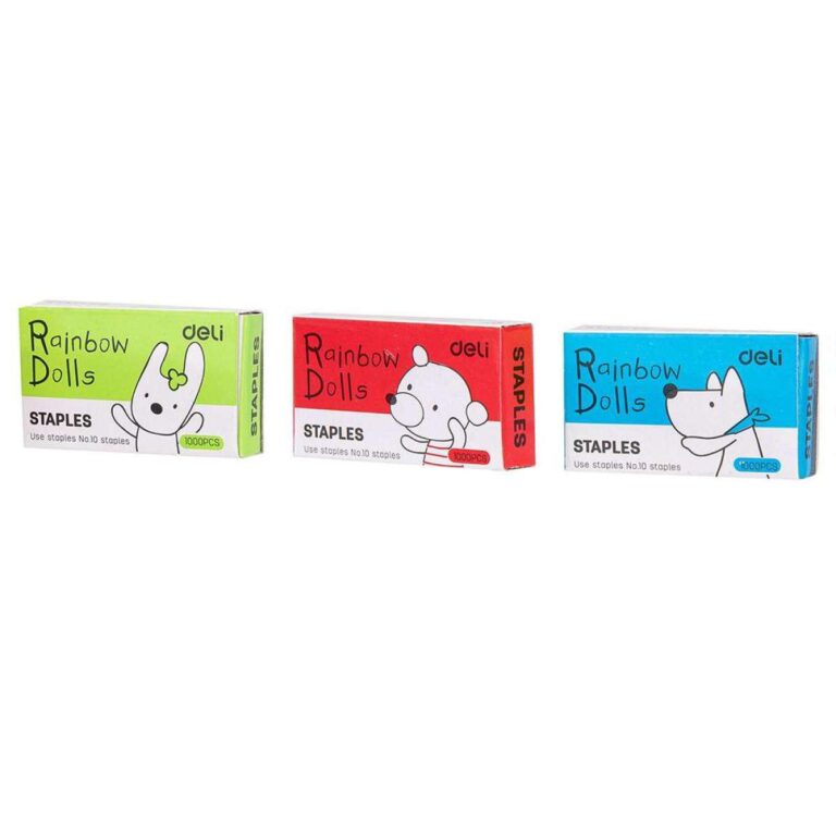 Deli Rainbow Dolls mini-hæftemaskine No.0222 – assorteret farvevalg blå, rød eller grøn, til No.10 hæfteklammer, op til 12 ark, med hæftefjerner
